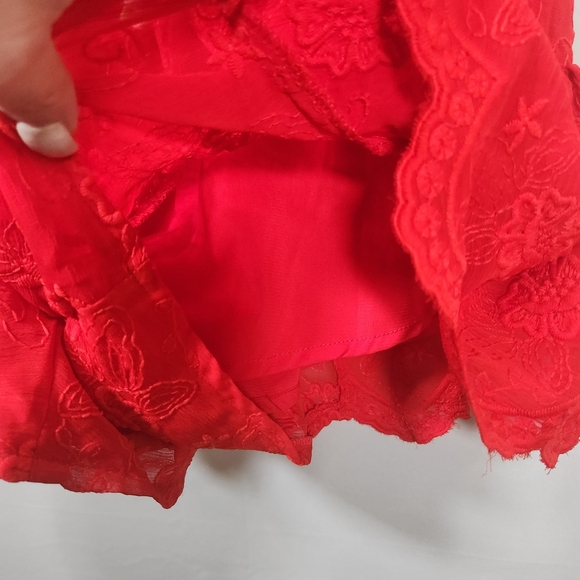 Red Lace Jumpsuit with Scalloped Edges - Picture 5 of 11